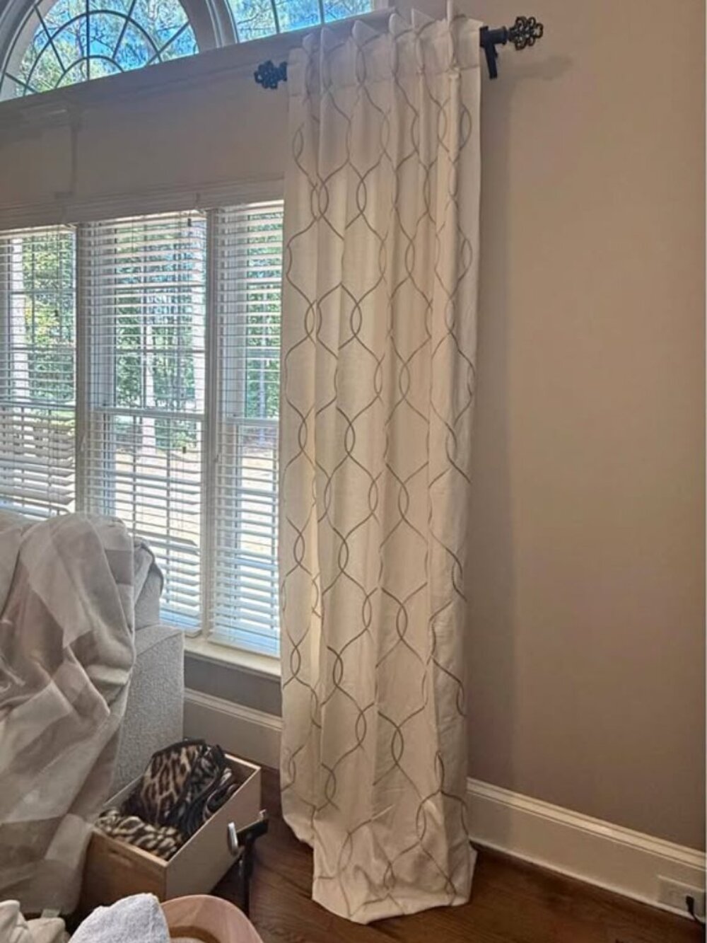 2 Custom Ivory Base 50W x 108L 100% Linen Embroidered Drapes